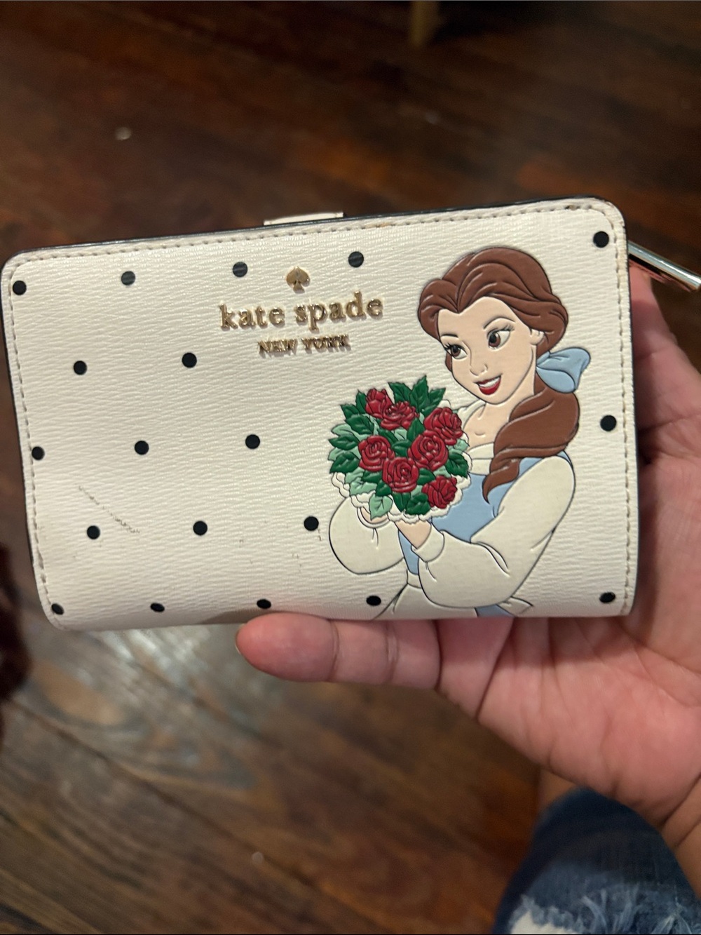 kate spade Ivory Polka Dot Belle Floral Wallet with Red Roses